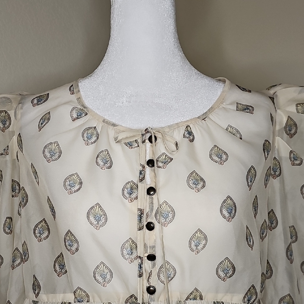 Anthropologie Sheer Puff Sleeve Leaf Print Blouse Women's Medium - Picture 2 of 11